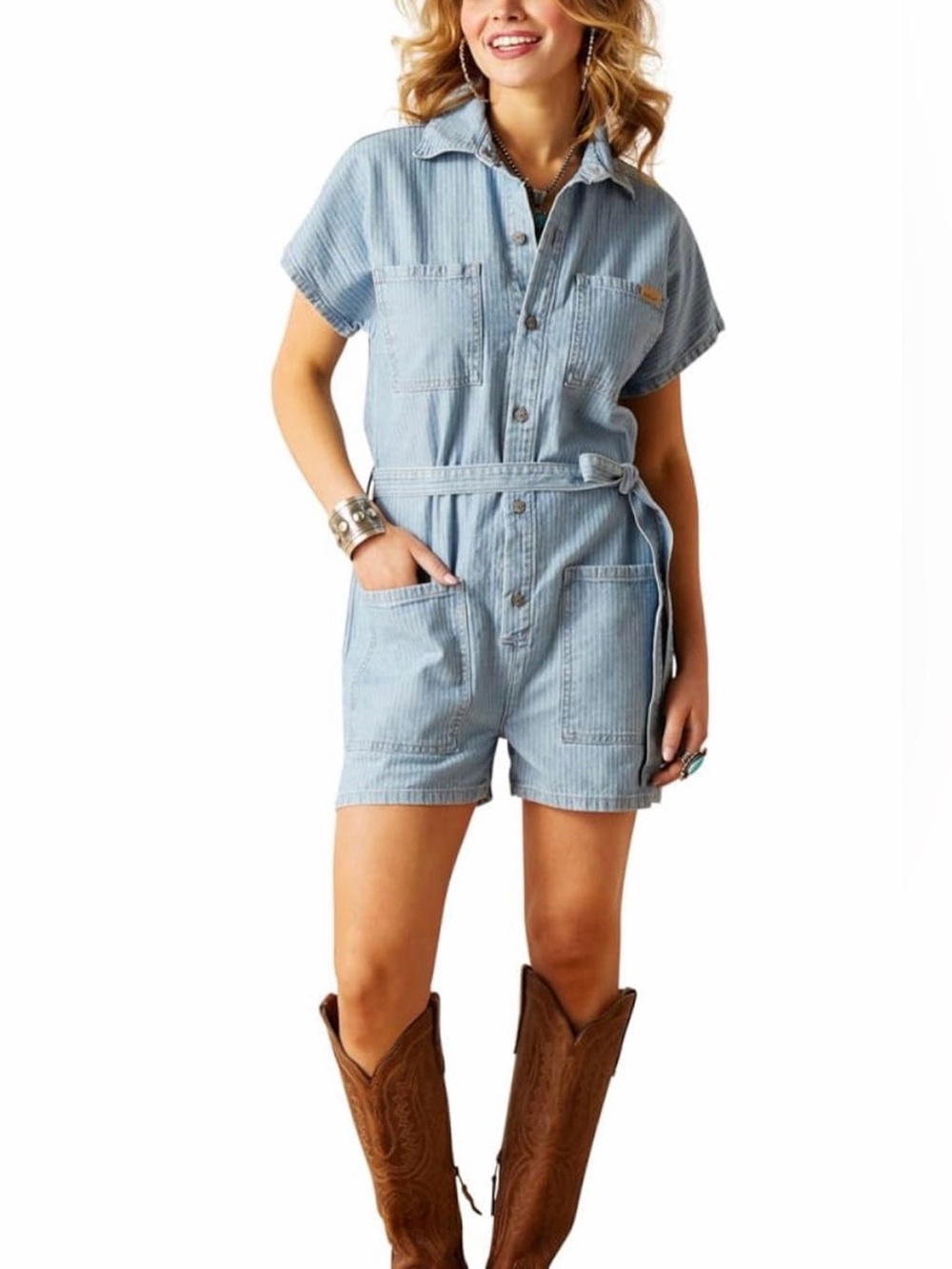 Ariat Denim Utility Romper Western Ranch Coastal Cowgirl 100% Cotton L